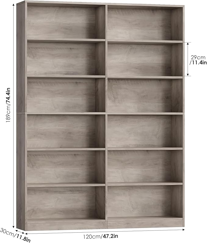 Bookshelf and Bookcase, 6-Tier Double Wide Bookshelfs, Freestanding Display Storage Shelves, Tall Bookcases for Home Decor Bedroom, Living Room, Home Office, Wash Gray