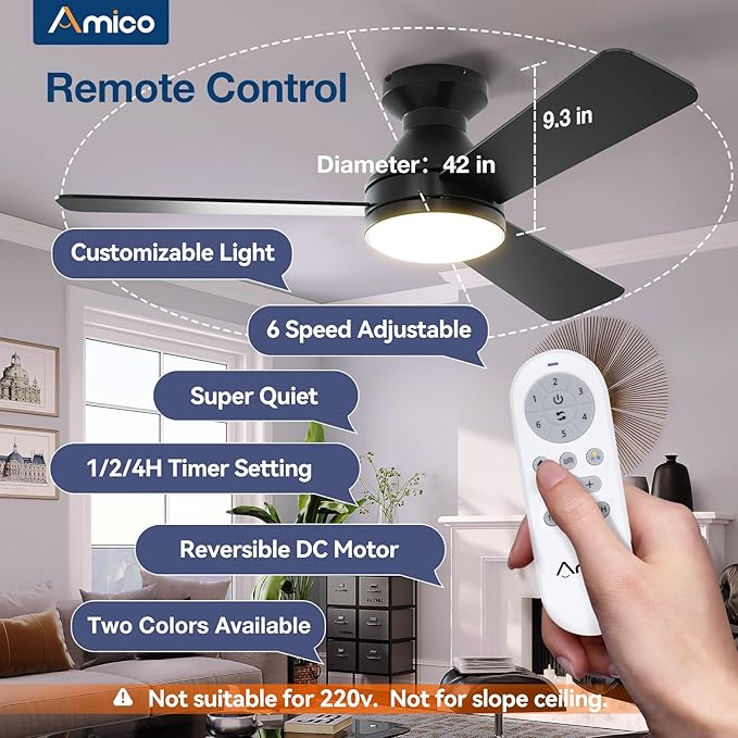 Amico Ceiling Fans with Lights, 42 inch Low Profile Ceiling Fan with Light and Remote Control, Flush Mount, Reversible, 3CCT, Dimmable, Noiseless, Black Ceiling Fan for Bedroom, Indoor/Outdoor Use