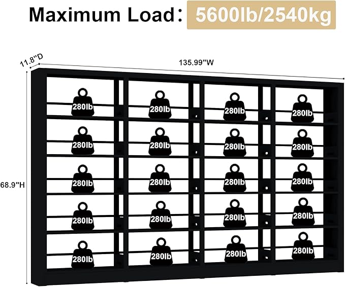 5-Tier Black Bookshelf, Metal with Adjustable Storage Shelves, Freestanding Bookcases and Bookshelfs, Wide Bookshelf for Home Office, Living Room, Including Book Stopper