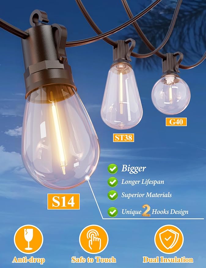 Brightever LED Outdoor String Lights, 60FT Patio Lights with 17 Shatterproof S14 Vintage Edison Bulbs(1 Spare), Outside Hanging Lights Waterproof for Porch, Garden, Deck, Backyard, 2700K Dimmable