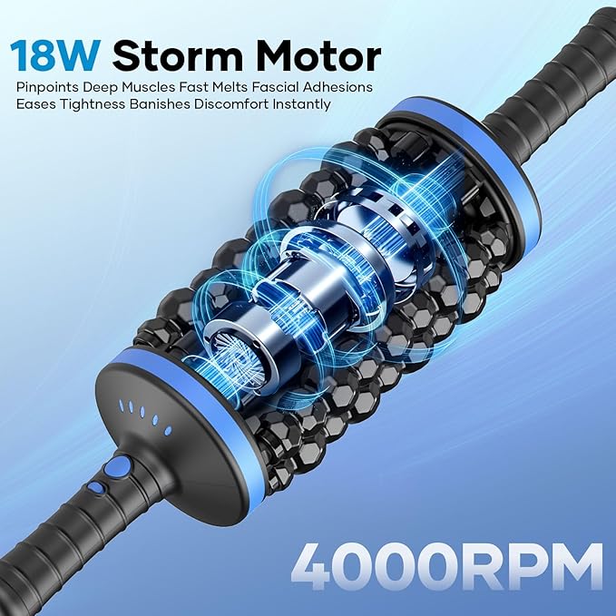 Deep Tissue Massager with 18W Motor 4000 RPM Percussion, 8 Rollers 72 Nodes, 5-Speed & Wireless, 2400mAh Battery, with Stand for Back/Leg/Shoulder Pain Relief(Blue)