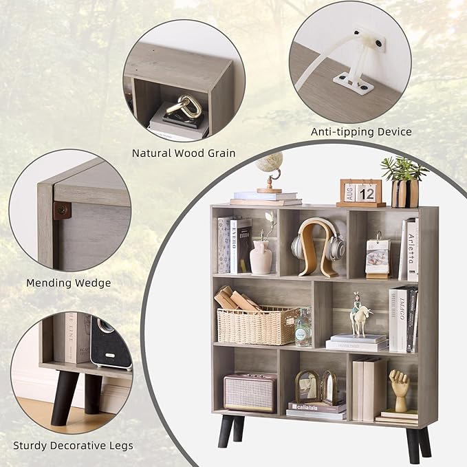 LEYAOYAO 8 Cube Bookshelf,3 Tier Bookcase with Legs,Modern Gray Mid-Century Bookshelfs,Large Farmhouse Open Storage Organizer Shelf, Retro Wooden Display Book Case for Bedroom,Living Room,Office