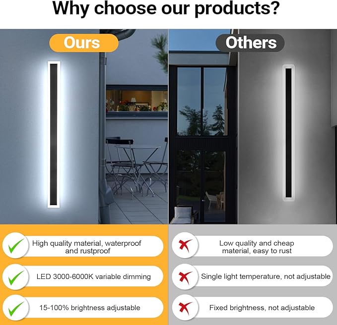 47 Inch Long Outdoor Wall Light, Exterior Wall Sconce 3000K-6000K Dimmable IP65 Waterproof LED Modern Exterior Sconce Black Wall Lighting for House Front Door Porch Garage