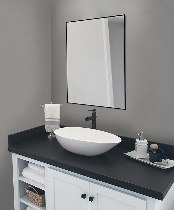 Frame My Mirror Black Metal Framed Mirror, 30" x 42" Mirror for Bathroom, Metal Frame, True Reflections Glass, Black Finish, Stanton Design, Hangs Horizontally or Vertically, Made in USA