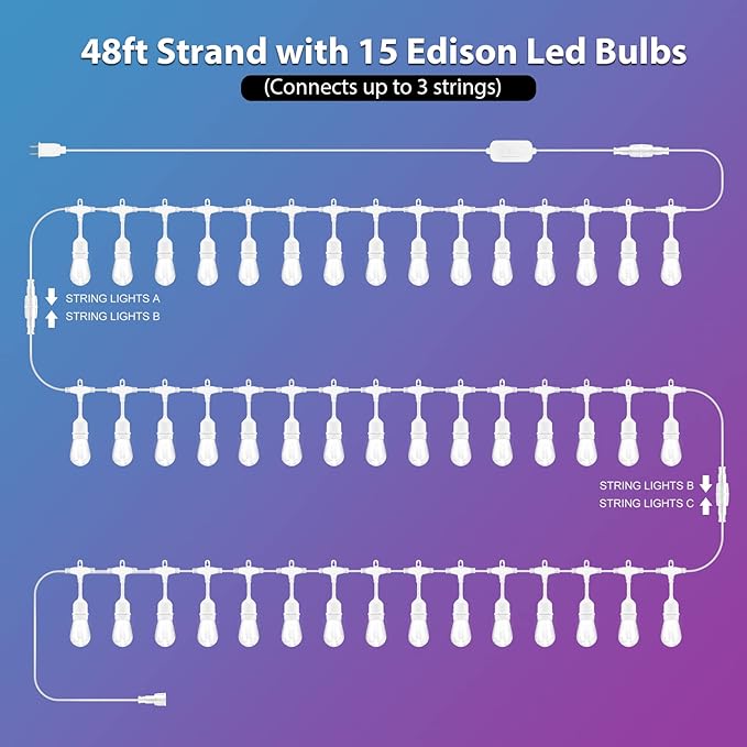 Mlambert 48FT Outdoor Patio Lights, 6 Lighting Modes RGB Cafe String Lights with 15 Dimmable LED Shatterproof Bulbs for Deck Porch Gazebo-White 1 Pack