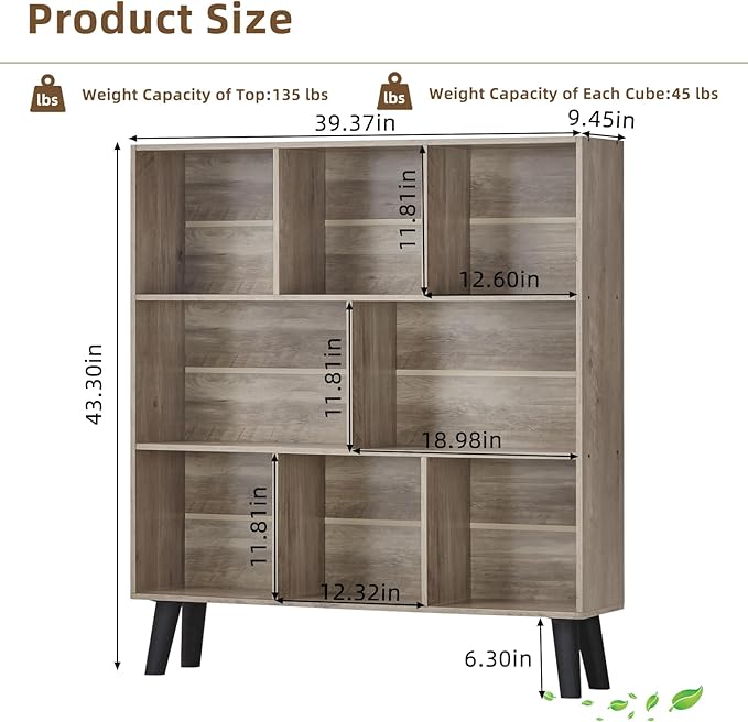 LEYAOYAO 8 Cube Bookshelf,3 Tier Bookcase with Legs,Modern Gray Mid-Century Bookshelfs,Large Farmhouse Open Storage Organizer Shelf, Retro Wooden Display Book Case for Bedroom,Living Room,Office