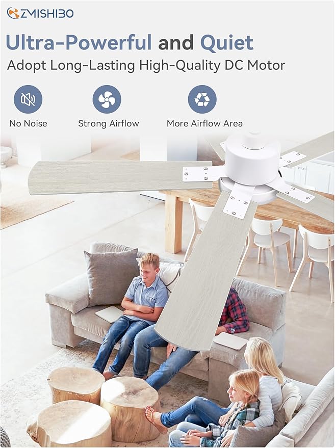 ZMISHIBO 2 Pack 52" Ceiling Fans with Lights, White Modern Ceiling Fan with Remote, Bedroom Indoor Ceiling Fan with Dual Finish Blades, Quiet & Strong Motor, Bright LED Light.