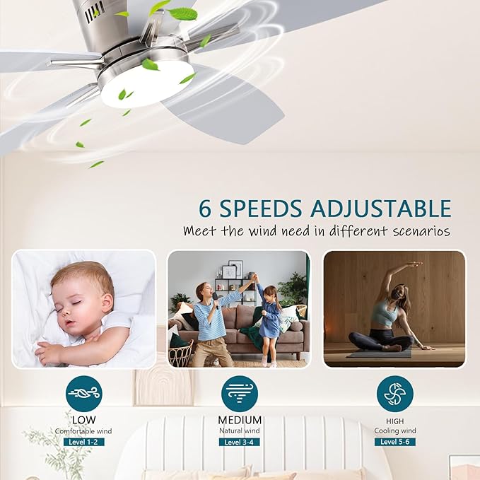 Ceiling Fans with Lights, 52" Low Profile Indoor Ceiling Fan with Light and Remote Control, Dimmable, Noiseless, Reversible, Nickel Ceiling Fan for Bedroom, Indoor/Outdoor Use