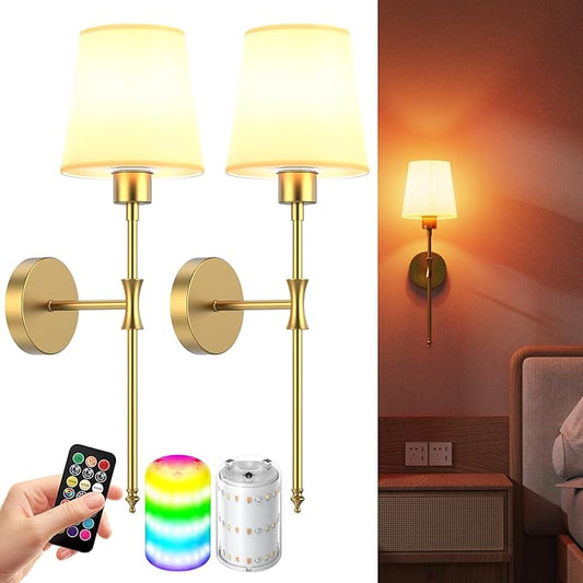 Battery Operated Wall Sconces Set of Two, Rechargeable Wall Light with Remote Control, Dimmable 1800K-6000K LED Wall Lamp, 9 Color Modes, Wireless Sconce Wall Decor Set of 2 for Living Room, Bedroom