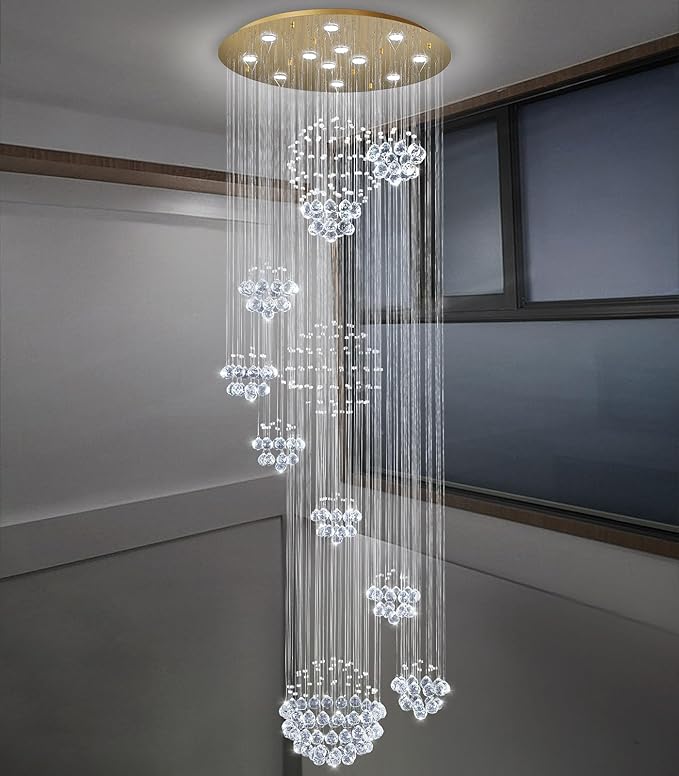 118'' Modern Large Chandelier for Foyer Raindrop Crystal Chandeliers LED Dimmable High Ceiling Flush Mount Light Fixtures for Staircaes Hallway Entryway Gold