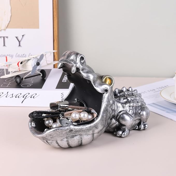 Alligator Statue Key Bowl, Fun Animal Statue Candy Dish for Entryway Decorative Bowl, Office Candy Dish, Big Mouth Sculpture Home Living Room Trinket Container Storage Box (Silver)