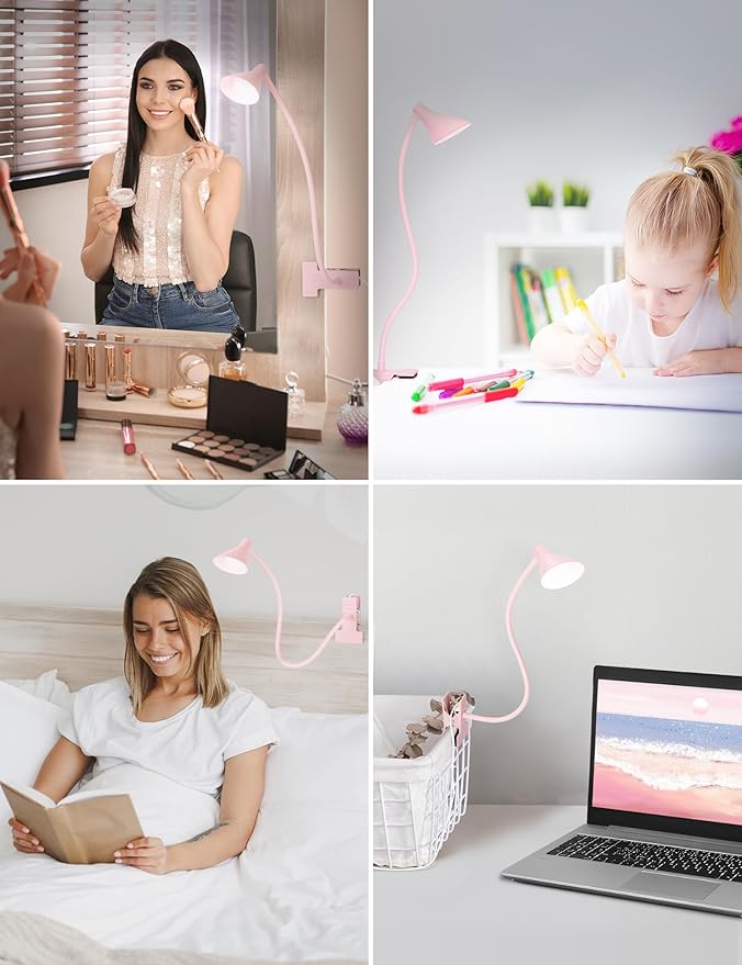 Pink Small Desk Lamp Clip on LED Reading Light for Bed, 3 Color Modes 10 Dimmable Brightness, Book in Bed Headboard, Flexible Neck Clamp BL08