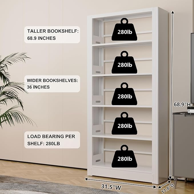 Book Shelf,5-Tier White Bookshelf, Office Bookcases and Bookshelfs,Tall Metal Bookshelf Storage Organizer,Freestanding Bookshelf for Library,Living Room,Home Office (5 Tier(31.5"W x 69"H))