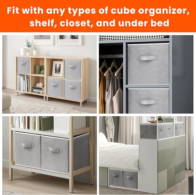 Criusia Heavy Duty Fabric Storage Cubes, Collapsible Storage Organizer Bins for Shelves Closet, Baskets for Clothes, Blankets, Toys, Grey, 11 inches, 8 Pack