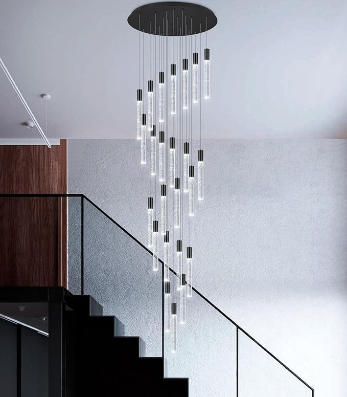 13 Foot High Ceiling Chandelier for Entryway Modern Crystal Lights for Living Room Foyer Flush Mount Sloping Ceiling Pendant Light Fixture Remote Dimmable 24-Lights Black