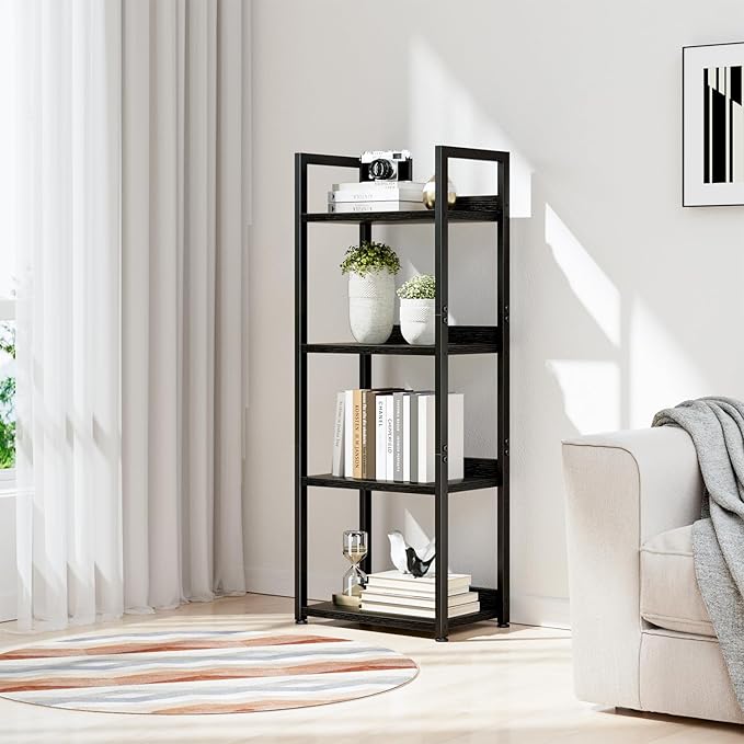 NUMENN Narrow Bookshelf, 4 Tier Bookshelfs, Home Office Bookcase Shelf Storage Organizer, Free Standing Storage Shelving Unit for Bedroom, Living Room and Home Office, Black