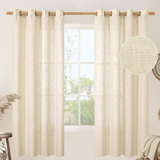 LAMIT Beige 72 inch Linen Curtains 2 Panels Set for Living Room, Soft Thick Linen Semi Sheer Light Reducing Bronze Grommet Window Treatments Neutral Drapes for Bedroom, 52 x 72 Inch
