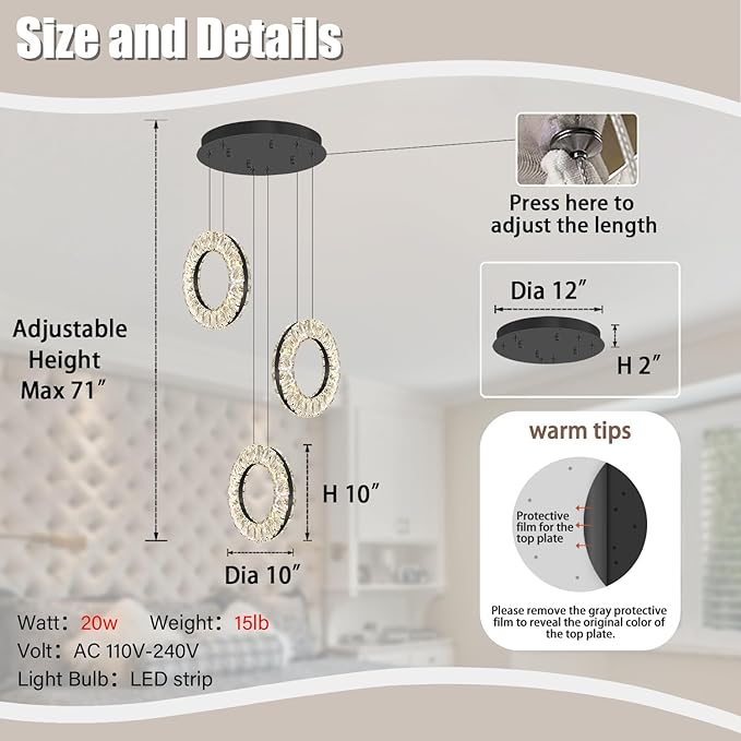 Pendant Lighting for Kitchen Island Mini Light Fixture Modern Led Crystal Pendant Light Black Round Chandelier for Dining Room Living Room Kitchen Bedroom Bar