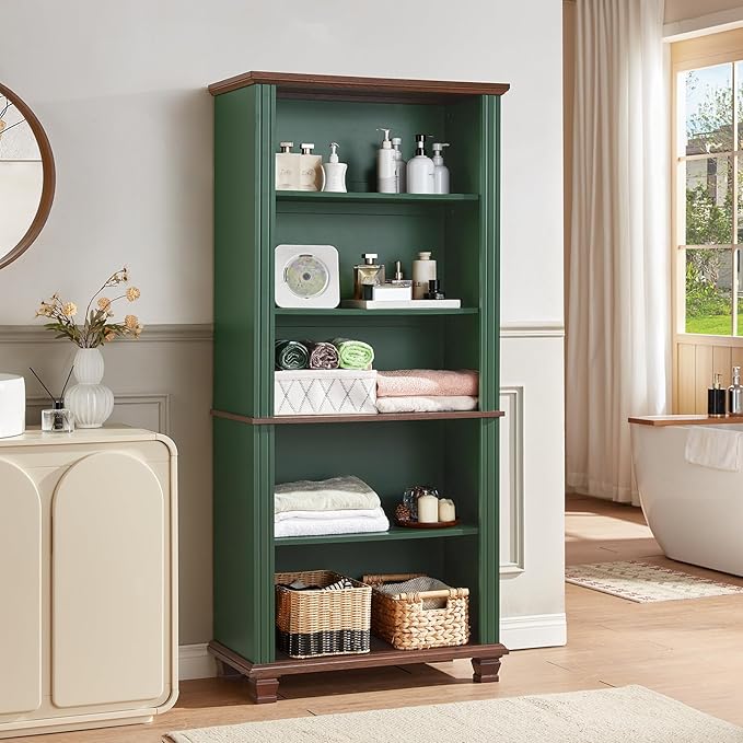 70" Tall Green Bookshelf,5 Tier Wooden Book Shelf with Adjustable Shelves &amp; Wood Legs,Free Standing Farmhouse Bookcase with Open Display Storage,Vintage Bookshelfs for Library,Classroom