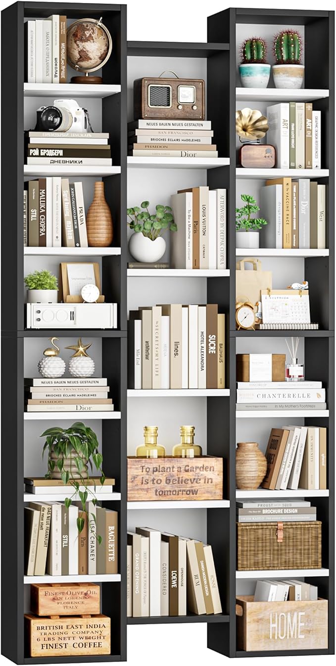 FOTOSOK 71'' Tall Bookshelf, Triple Wide Bookshelf with Adjustable Shelves, 8 Tier Media CD DVD Storage Tower Rack, Diaplay Cabinet Shelf, Cube Storage Organizer Shelf for Home Office, White/Black