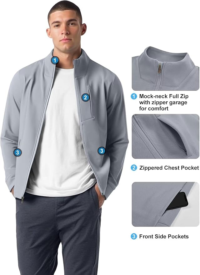 Zengjo Men's Track Jackets Full-Zip Athletic Jacket Sweatshirt Mock Neck with Zipper Pockets