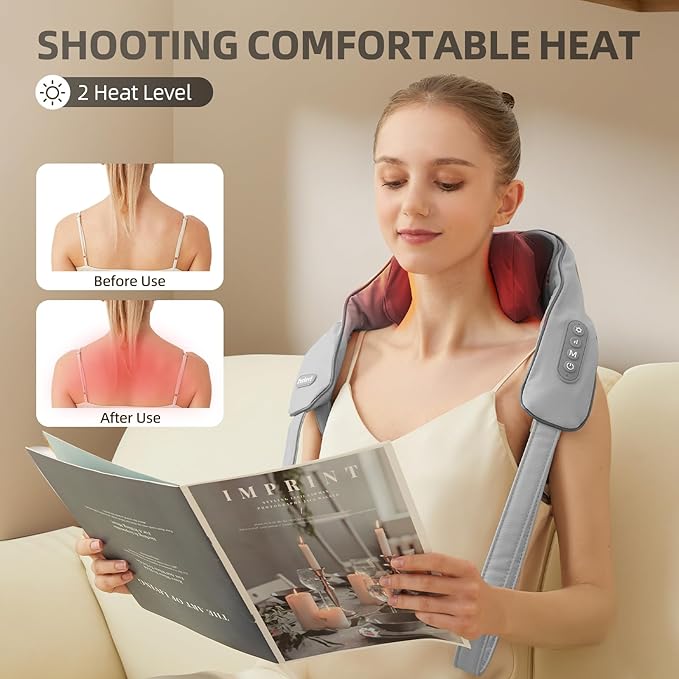 Neck and Shoulder Massager with Heat, Cordless Shiatsu Shoulder Massager for Pain Relief Deep Tissue, Rechargeable 6D Kneading Massage for Neck and Shoulde Pain, Gifts for Mom&Dad (Grey)