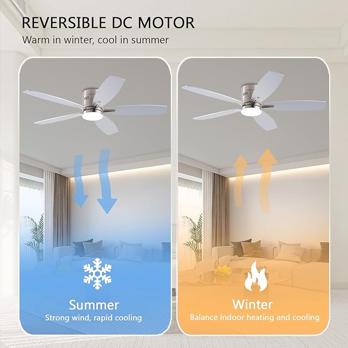 Ceiling Fans with Lights, 52" Low Profile Indoor Ceiling Fan with Light and Remote Control, Dimmable, Noiseless, Reversible, Nickel Ceiling Fan for Bedroom, Indoor/Outdoor Use