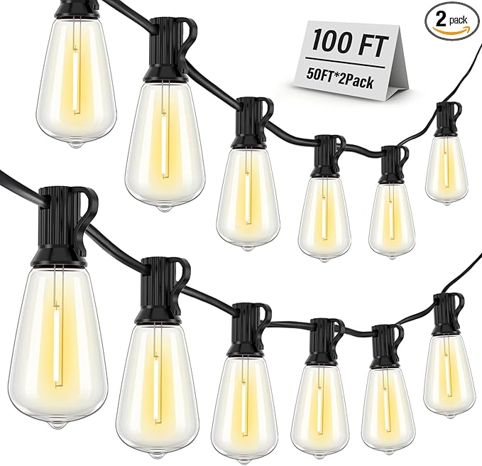 Outdoor String Lights Waterproof, 100FT (50FT 2Pack) Patio Lights Outdoor with 54 ST38 Edison Bulbs (4 Sqare), Hanging Lights with Plug in Cord for Porch, Backyard, Bistro, Garden, 2700K