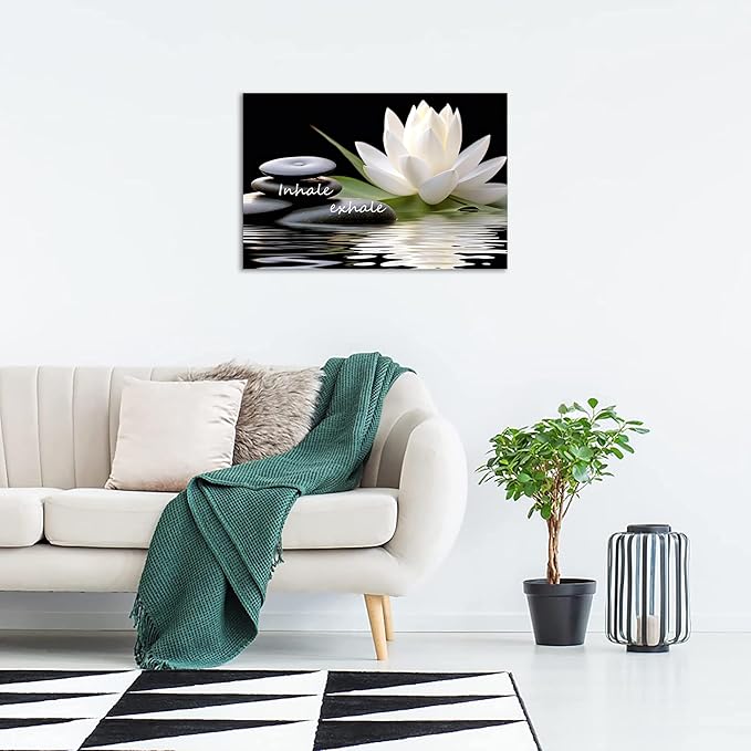 Zen Wall Art Inhale Exhale Canvas Prints Lotus Bloom in Water with Spa Stone Pictures for Zen Office Wall Decor Modern Spiritual Framed Artwork Poster (16 x 24inches)