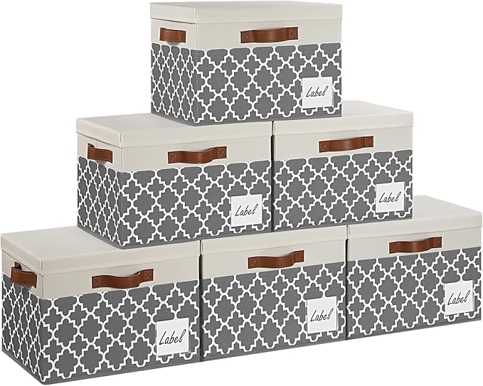GhvyenntteS Large Fabric Storage Bins with Lids (6 Pack), Foldable Decorative Storage Boxes with Lids and 3 Handles, Sturdy Storage Baskets with Label Window for Home Office (White&amp;Lattice Gray)