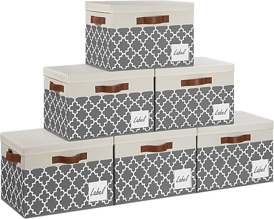 GhvyenntteS Large Fabric Storage Bins with Lids (6 Pack), Foldable Decorative Storage Boxes with Lids and 3 Handles, Sturdy Storage Baskets with Label Window for Home Office (White&amp;Lattice Gray)