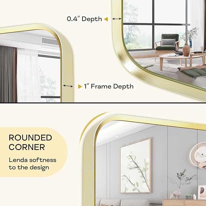 Gold Metal Framed Bathroom Mirror for Wall, Large Brushed Gold Rounded Corner Rectangular Bathroom Vanity Mirror, Anti-Rust, Tempered Glass, Hangs Horizontally or Vertically (30" x 55", Gold)