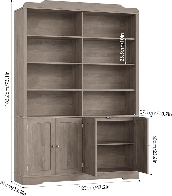 73.1" Tall Bookcase and Bookshelf, Wide Bookshelf with Doors and Adjustable Shelves, 6 Tier Large Bookshelf with Storage, Tall Storage Cabinet for Living Room, Home Office, Wash Gray
