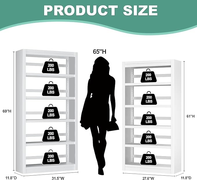 5-Tier Metal Book Shelf, 69” Tall Bookshelf with Adjustable Storsge Shelves, Library Bookcase with Book Stopper, Modern White Bookshelf for Living Room, Office, Bedroom