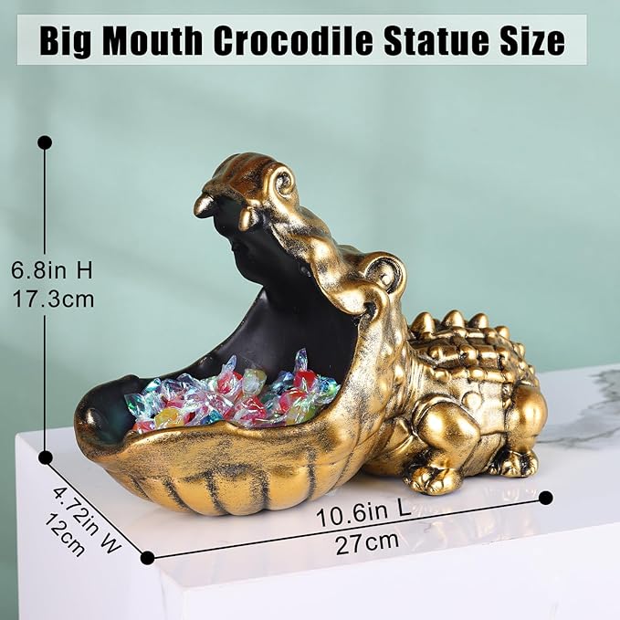 Alligator Statue Key Bowl, Fun Animal Statue Candy Dish for Entryway Decorative Bowl, Office Candy Dish, Big Mouth Sculpture Home Living Room Trinket Container Storage Box (Gold)