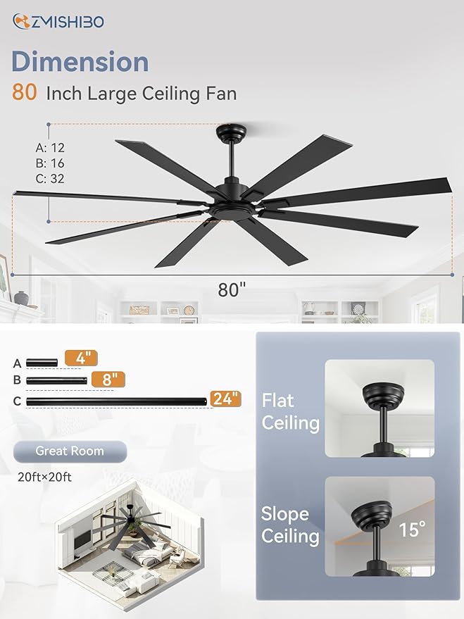 ZMISHIBO 80 Inch Ceiling Fan No Light with Remote Control, 8 Blades Quiet DC Reversible Motor, 6-Speed, Timer, Black Finish, Indoor Outdoor Ceiling Fans for Patios, Living Room, Garage