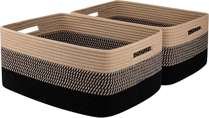 Large Storage Basket for Organizing, Woven Rope Basket for Shelves, Closet Organizer Bins for Clothes, Blanket, Toys, Baby Nursery Storage, 17.7" x 13" x 7.87", 2 Packs Black &amp; Brown