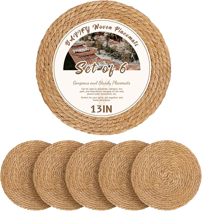 13 in Round Woven Plate Chargers Set of 6, Boho Farmhouse Rustic Woven Placemats for Dining Table Decor, Rattan Wicker Table Mats Chargers for Dinner Plates Jute Braided Place Mats