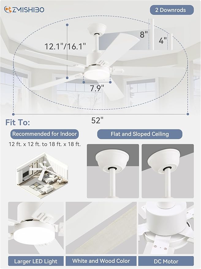 ZMISHIBO 2 Pack 52" Ceiling Fans with Lights, White Modern Ceiling Fan with Remote, Bedroom Indoor Ceiling Fan with Dual Finish Blades, Quiet & Strong Motor, Bright LED Light.