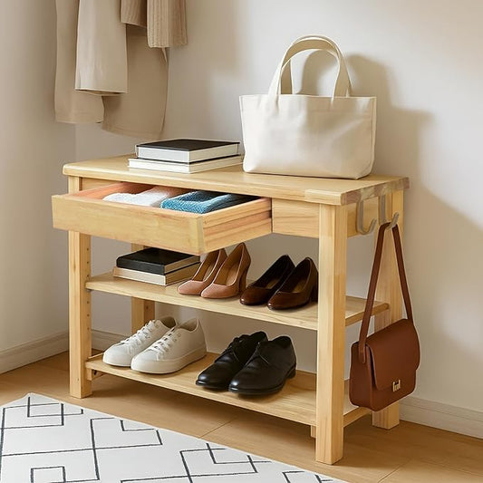Wood Shoe Bench Entryway with Drawer: 2-Tiers Wooden Storage Shoe Rack with Bench Seat, Compact Mid-Century Modern Design for Entryway, Hallway, Closet, Front Door Entrance, Foyer