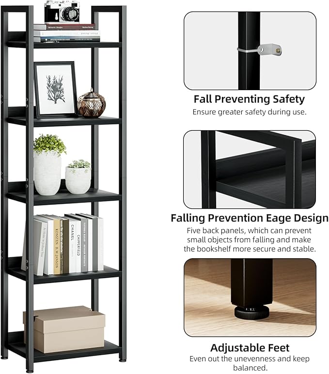 NUMENN Narrow Bookshelf, 5 Tier Bookshelfs, Home Office Bookcase Shelf Storage Organizer, Free Standing Storage Shelving Unit for Bedroom, Living Room and Home Office, Black
