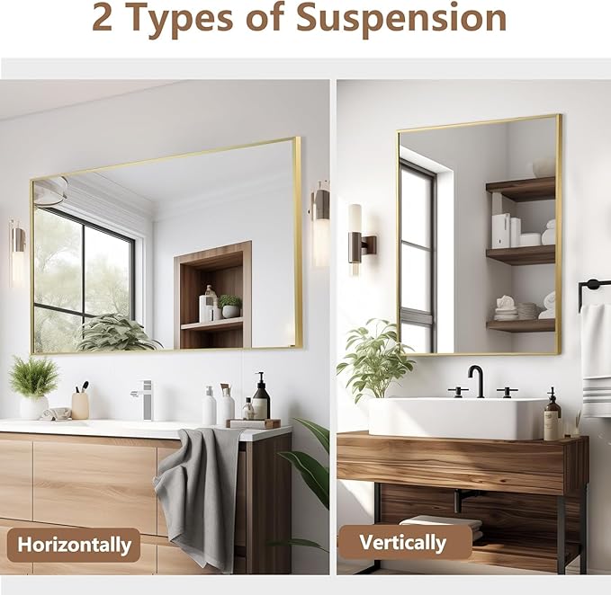 Gold Bathroom Mirror, 20"x30" Rectangle Mirror, Brushed Gold Mirror, Metal Frame Square Corner Vanity Mirror, Wall Mounted Mirror for Modern, Living Room, Bedroom, Horizontal Or Vertical