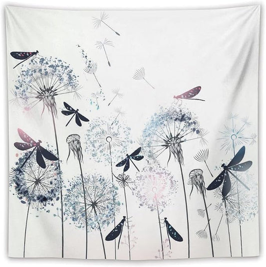 Kurtect Dandelion Tapestry,Rustic Dragonfly Teal Blue Floral Theme Pattern Print Tapestries for Living Room Party Beach Picnic Blankets Tablecloths Wall Decor, 60x60 in