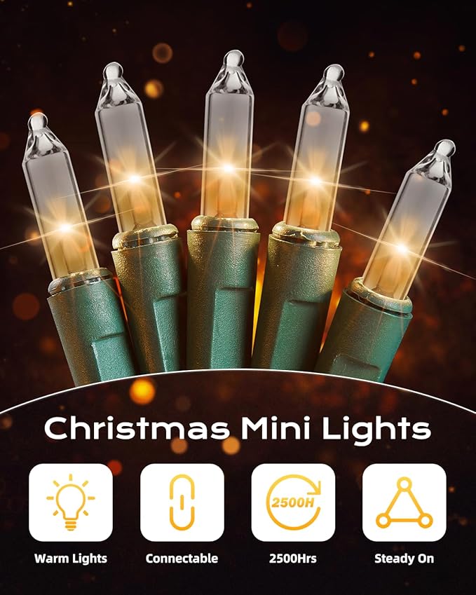 Brightown Clear Christmas String Lights, 200-Count 50ft Incandescent Bulb Mini Lights for Indoor Holiday Decor, Christmas Tree Garland Wedding Party Multi-Use Festival Decoration, Green Wire