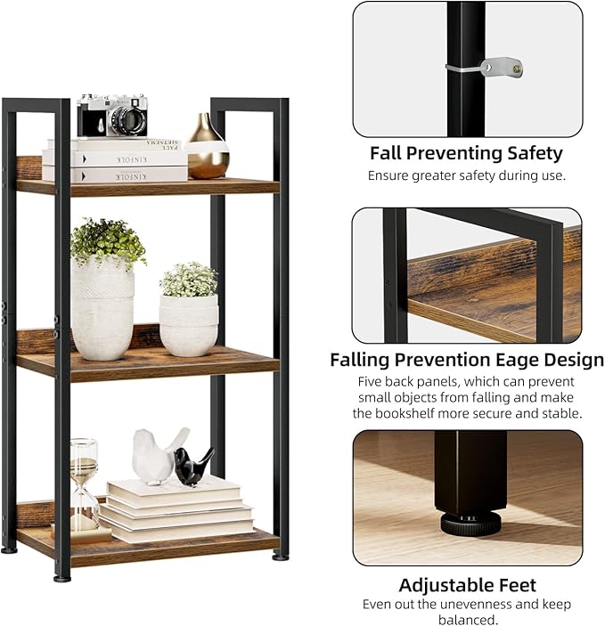 NUMENN Narrow Bookshelf, 3 Tier Bookshelfs, Home Office Bookcase Shelf Storage Organizer, Free Standing Storage Shelving Unit for Bedroom, Living Room and Home Office, Vintage