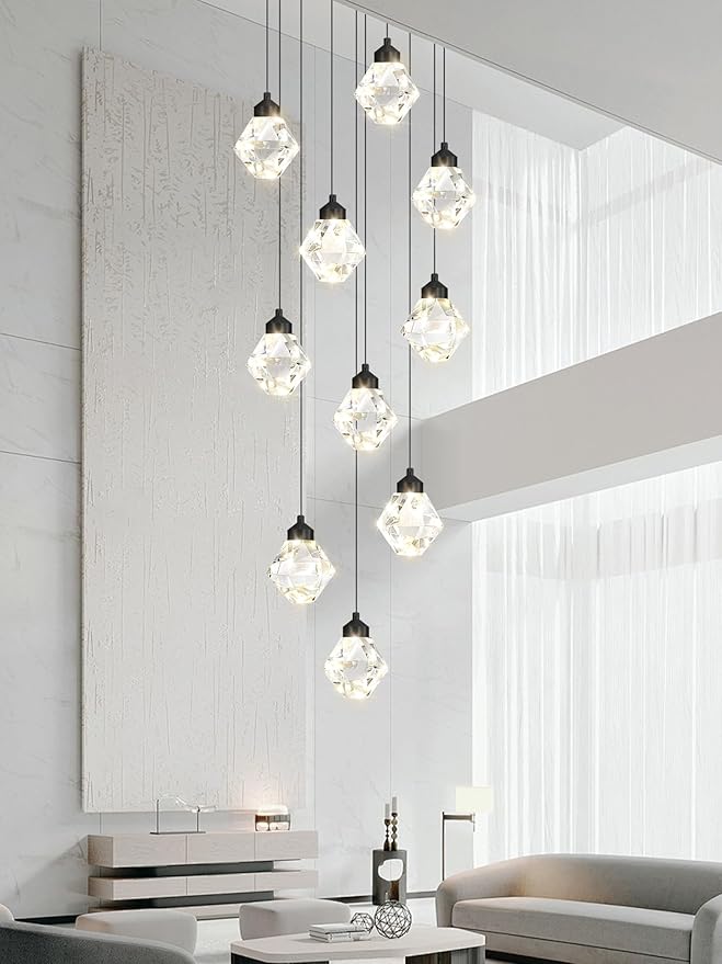 10-Light Chandelier Staircase Chandeliers for High Ceilings Crystal Chandeliers for Living Room Black Pendant Light Dimmable LED Hanging Light with Remote