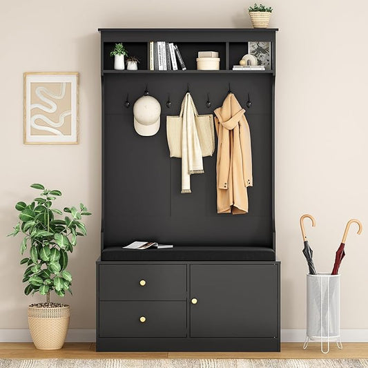 Hall Tree with Storage, Coat Rack with Shoe Storage, 6-in-1 Farmhouse Hall Tree with 7 Hooks, Shoe Rack with Coat Rack for Entryway, Hallway, 70.9 Inch, Black