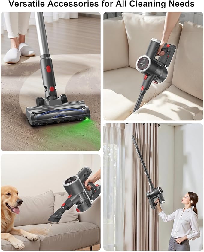 Cordless Vacuum Cleaner, 6-in-1 Lightweight Stick Vacuum with 45mins Runtime, LED Display &amp; Light, Self-Standing, Rechargeable Cordless Vacuum for Carpet, Tile, Pet Hair, Hardwood Floors (Gray)