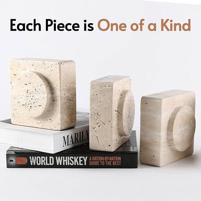 Koville Marble Square Book Ends, Heavy Duty Book Holders, Bookends for Shelves, Office Bookshelf Decor for CDs/Video Games (Travertino Romano)