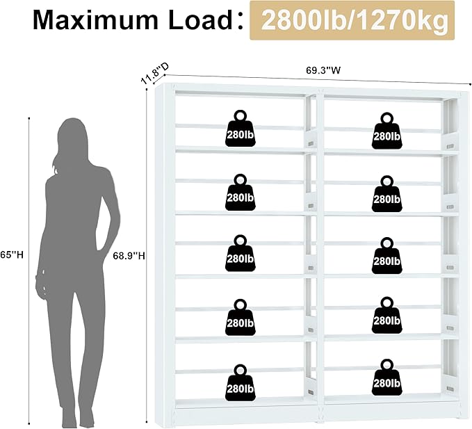 White Bookshelf, 5-Tier Bookshelf with Adjustable Storage Shelves, Freestanding Bookcases and Bookshelves, Wide Bookshelf for Home Office, Living Room, Bed Room, Including Book Stopper (White)
